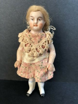 Antique German (?) 4” All Bisque Miniature Dollhouse Girl Doll