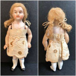 Antique German (?) 4” All Bisque Miniature Dollhouse Girl Doll 2