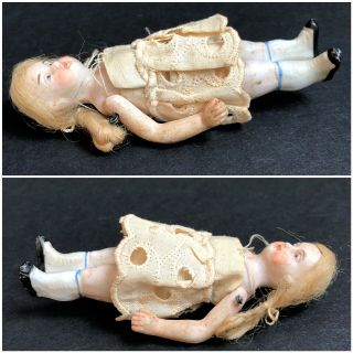 Antique German (?) 4” All Bisque Miniature Dollhouse Girl Doll 3