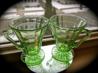 Vintage Anchor Hocking Green Vaseline Glass Block optic Sugar and Creamer 2
