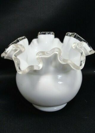 Vintage Fenton Silver Crest Ruffled Milk Glass Bowl Rose Vase 4 "