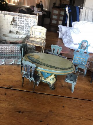 Antique Tin Dollhouse Dining Table And Chairs Peacock