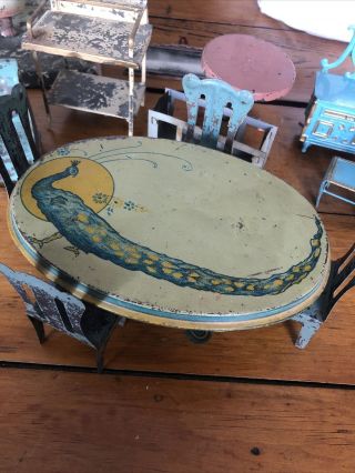Antique Tin Dollhouse Dining Table And Chairs Peacock 2