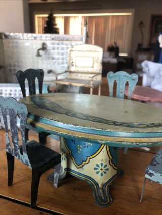Antique Tin Dollhouse Dining Table And Chairs Peacock 3