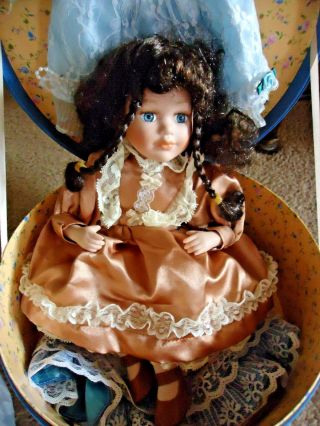 Vintage Doll W/ Carry Case,  Cracker Barrel Porcelain Doll W/trunk & Extra Dresses