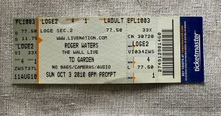 Roger Waters The Wall Live Ticket Stub 10/3/2010 Td Banknorth Garden Boston,  Ma