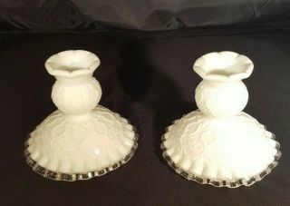 Fenton White Milk Glass Spanish Lace Silver Crest Candle Holders