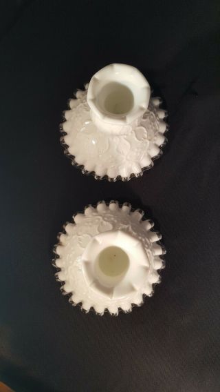 Fenton White Milk Glass Spanish Lace Silver Crest Candle holders 2