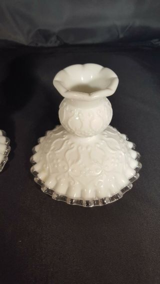 Fenton White Milk Glass Spanish Lace Silver Crest Candle holders 3