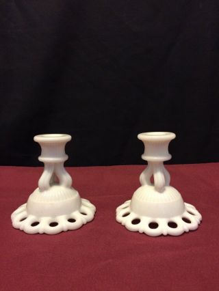 Vintage Set Of 2 White Milk Glass Candle Holders