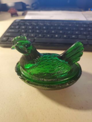 Rare Olive Green Glass Hen On Nest Candy Dish