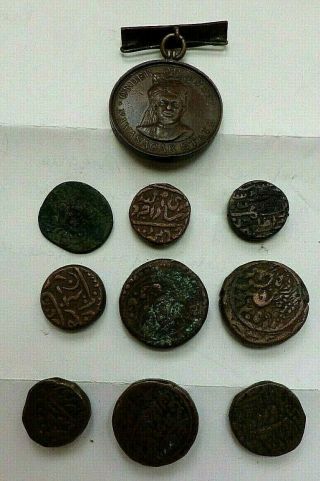 Group Of 9 Ancient Indian Islamic Copper Coins & Medal For A Nurse Support Fund