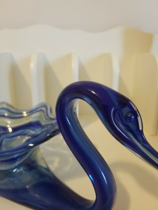 Vintage Sooner Art Glass Swan Bowl Centerpiece Blue10” Blown Glass Mcm