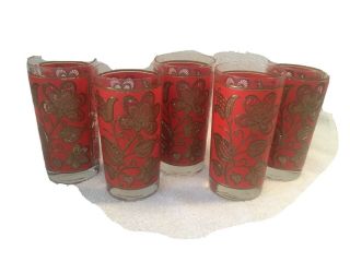 5 Vintage Libbey? Red /w Raised Gold Overlay Flowers Glass Tumblers