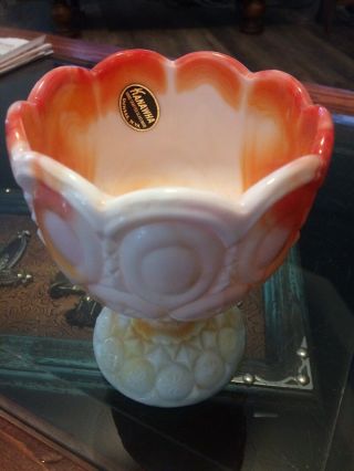 Vintage Kanawha Glass Red - Orange & White Slag Glass Scalloped Compote/candy Dish