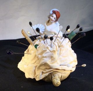 Antique German Bisque Porcelain Half Doll With Fan Pin Cushion,  W/ Vintage Pins