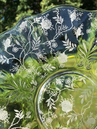 Vintage Cambridge Glass Cake Plate Platter Tab Handle Etched Floral Flower C1934