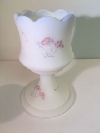 Vintage Fenton Art Glass Hp White Satin Pedestal Candle Holder Signed Amy S.