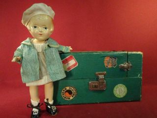 Antique Vintage 12 " All Composition Patsy Nancy Doll W/ Trunk And Clothes