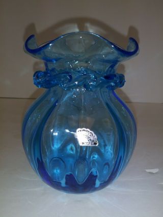 Vintage Rainbow Glass Co.  Blue Hand Blown Glass Ruffled Vase Huntington W Va