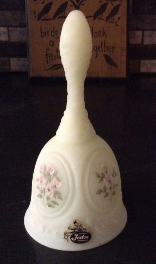 Vtg Fenton Satin Custard Glass Bell Hand Painted/signed.  By S.  Cooper