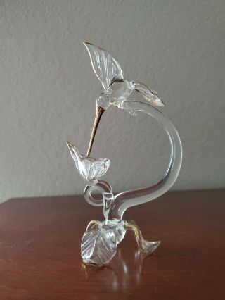Hand Spun Blown Glass Figurine Hummingbird On Flower.  5 " H X 3 " W