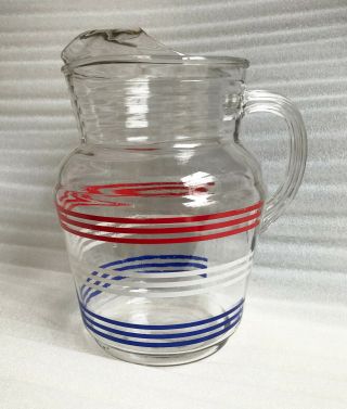 Vintage Anchor Hocking Glass Pitcher With Bands,  8 - 3/4 " Tall