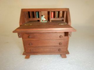Antique Dollhouse Miniature Chippendale Style Slant Front Desk W/books