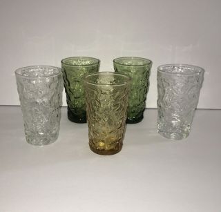 5 Vintage Small Juice Glasses Green Amber Clear Glass Crinkle Lido Milano