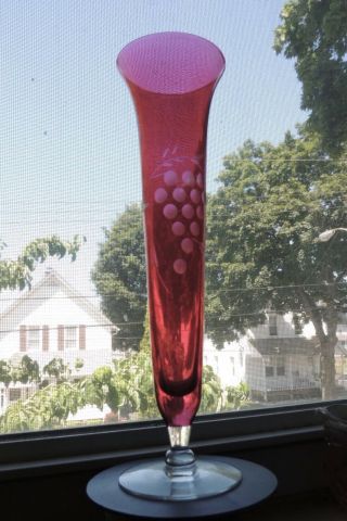 Vintage Cranberry And Clear Glass Etched Vase Grapes/leaves
