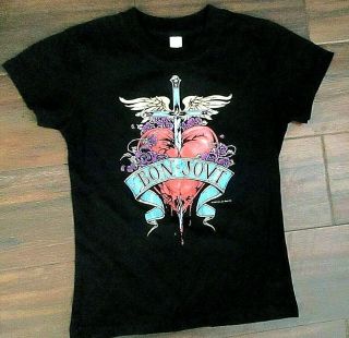 Bon Jovi Concert Tour 2001 T - Shirt Girls Junior Heart & Dagger Black Size Small