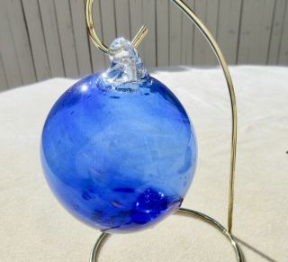 Hand - Blown Glass Globe Ornament Witches Ball Cobalt Blue W/gold Swirls 3 "