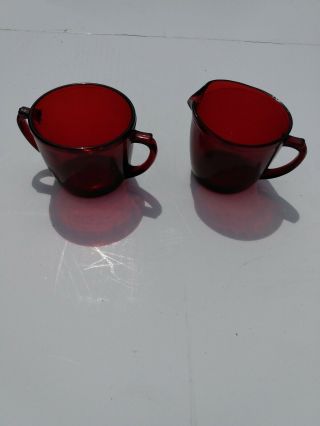 Lovely Vintage Dark Ruby Red Glass Sugar And Creamer Set