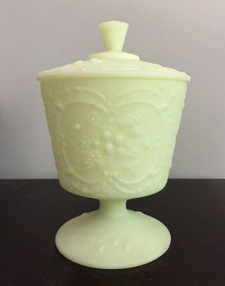 Vtg Fenton Custard Satin Glass Wild Strawberry Footed Compote Candy Bowl And Lid