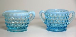 Vintage Fenton Blue Glass Hobnail Blue Opalescent Mini Cream And Sugar Set