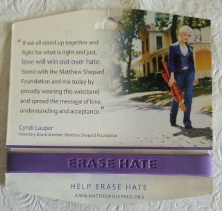 Erase Hate - Wristband Cyndi Lauper Silicone Rubber Bracelet Matthew Shepard
