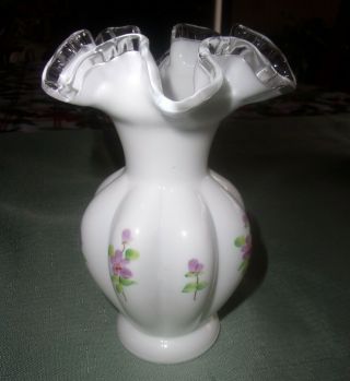 Vintage Fenton Silver Crest White Vase Violets Artist Signed