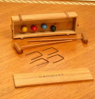 Wooden Croquet Set,  Mallets,  Wickets - Artisan Dollhouse Miniature