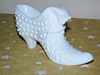 Vintage Fenton White Hobnail Milk Glass Shoe With Cats Head Design