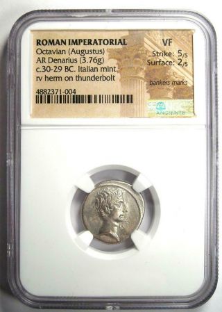 Roman Octavian Augustus AR Denarius Silver Coin 32 BC - Certified NGC VF 2