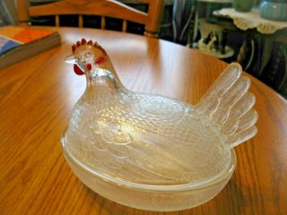 Vintage Indiana Glass,  Clear " Hen On Nest " - Red Comb Candy Dish