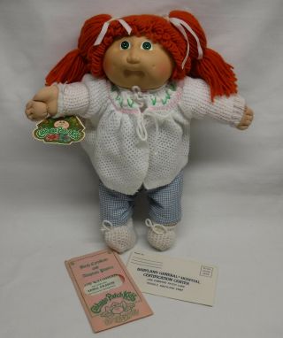 Vintage 1985 Cabbage Patch Girl Doll 16 " Red Hair Green Eyes W/ Adoption Papers