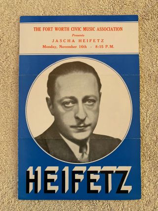 1930’s Violinist Jascha Heifetz Violin Music Concert Program - Fort Worth Tx