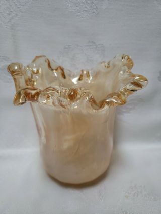 Vintage,  Peach & Clear Small Vase,  Slag Rim,  5 " Tall,