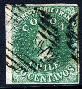 Chile 1861 20c.  Colon Last London Printing Chile 12 Scott 13 Sg 33/5 Wmk 1 Vfu