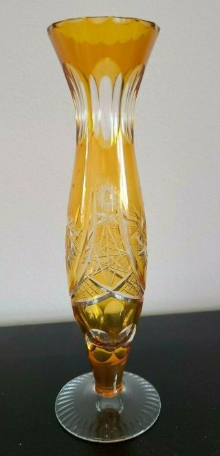Vintage Bohemian Crystal Amber Cut To Clear Bud Vase 8 3/8 " T