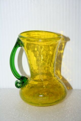 Yellow Blown Crackle Glass Pitcher Vase Applied Green Handle 4” Tall Vintage