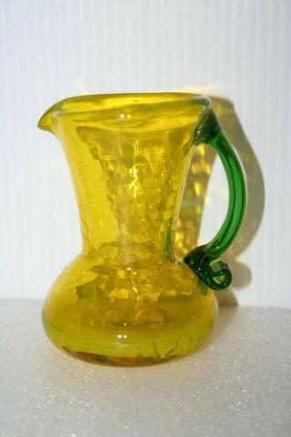 Yellow Blown Crackle Glass Pitcher Vase Applied Green Handle 4” Tall Vintage 2