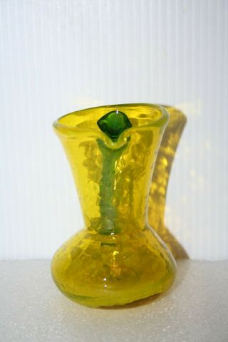 Yellow Blown Crackle Glass Pitcher Vase Applied Green Handle 4” Tall Vintage 3