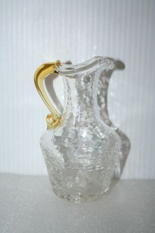 Clear Crackle Blown Glass Pitcher Vase Honey Amber Applied Handle 4 - 3/4” Vintage